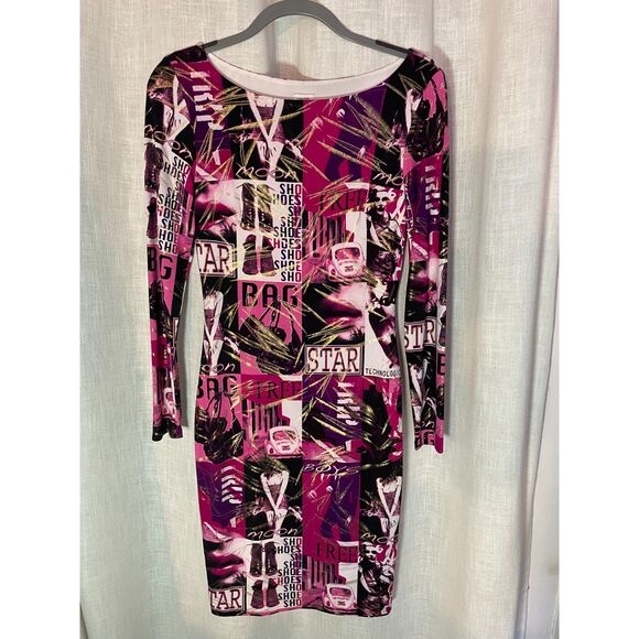 Cache Long‎ Sleeve Bodycon Dress Graphic Print Pink Black Gold Foil Size Small - Picture 1 of 4